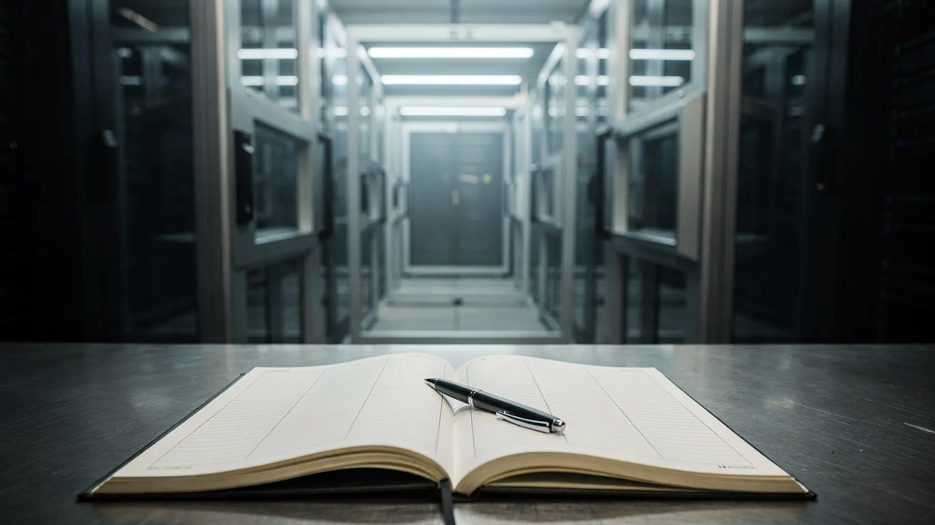A sequence of steel and glass inspection gates recedes toward a dark server aisle while, in the foreground, an open paper ledger with empty ruled columns and a pen resting across a blank line records nothing.