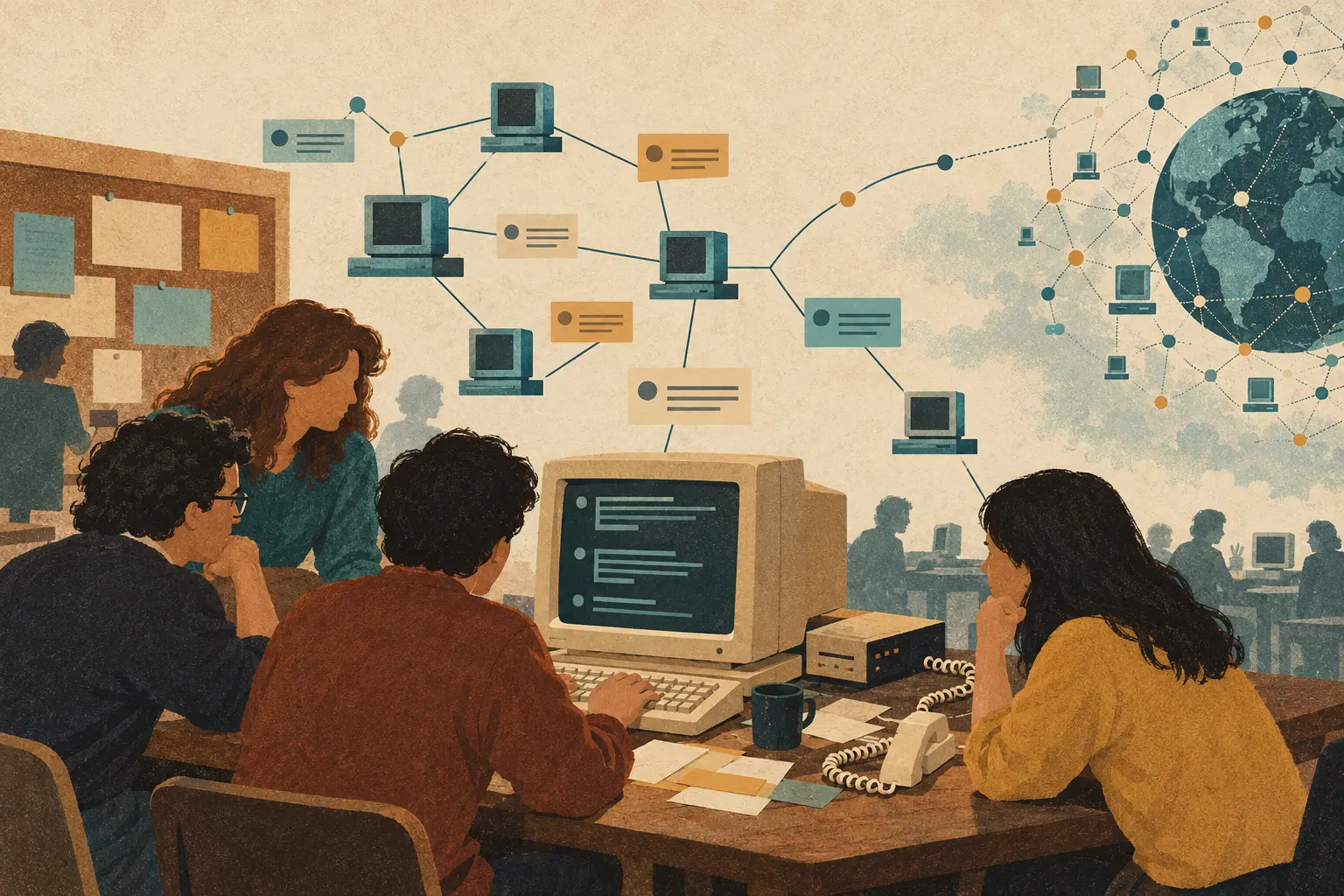 Members gather around a dial-up computer as abstract message links connect the service to a wider network.