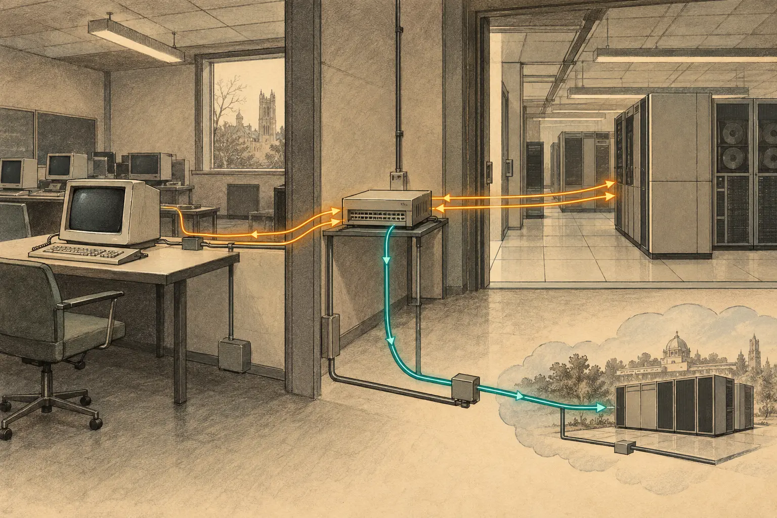 Concept illustration of a diskless 1980s workstation sending a BOOTP request through a relay to a remote server, separate from its later default route.