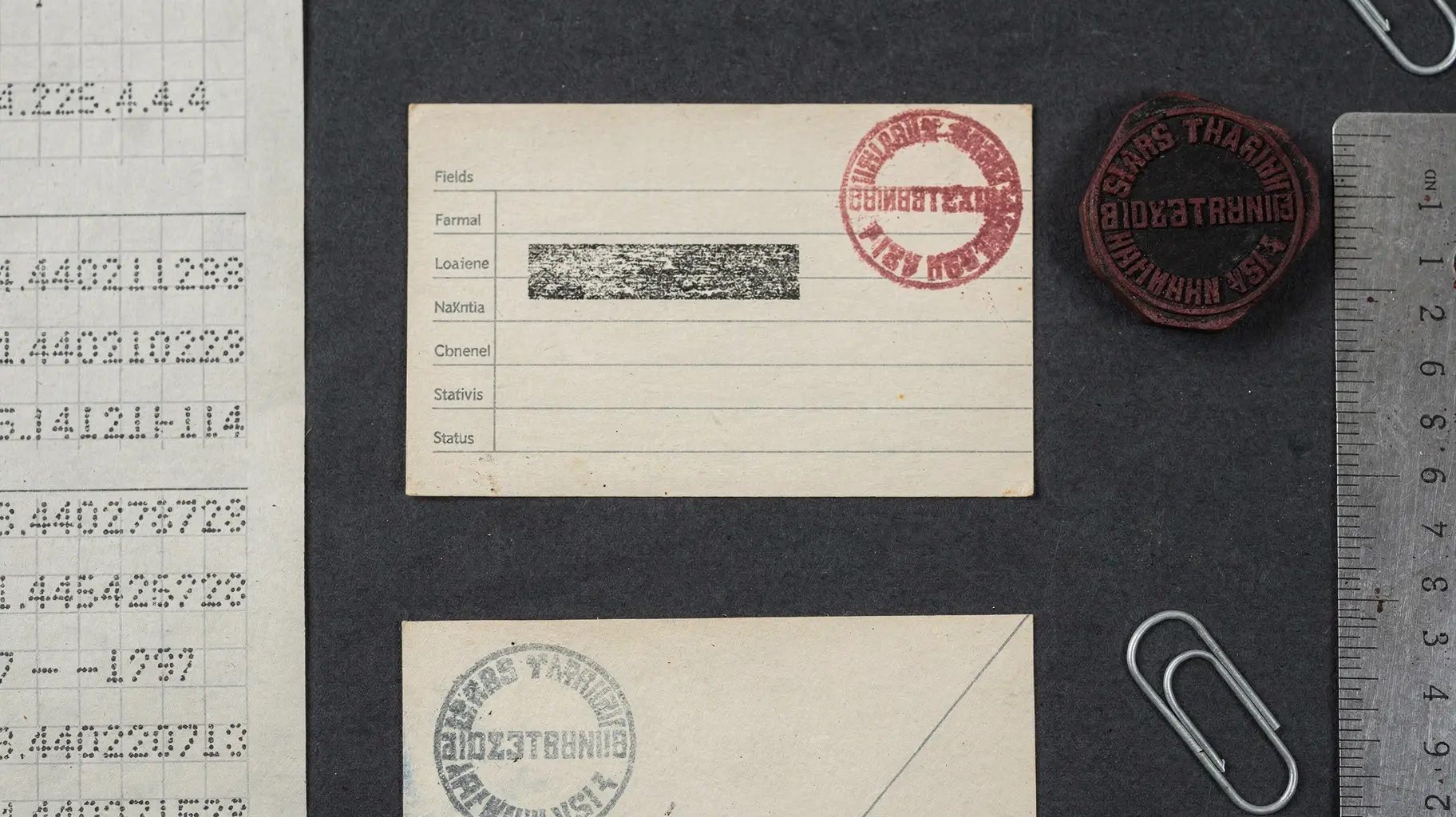 Documentary still-life on a charcoal surface: a cream archival record card with ruled field bands and one field carrying an illegible ink name, a detached vermilion status stamp beside it, a second sheet marked with a faded grey-blue stamp and a pencil line below, and a strip of graph paper showing dotted IPv4-style number patterns.