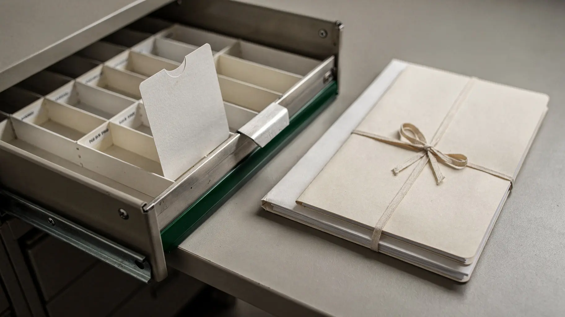 An open metal filing drawer with one blank index card standing upright in the nearest compartment, the compartments behind it empty, and one thick and one thin closed blank folder squared beside it on a matte desk.