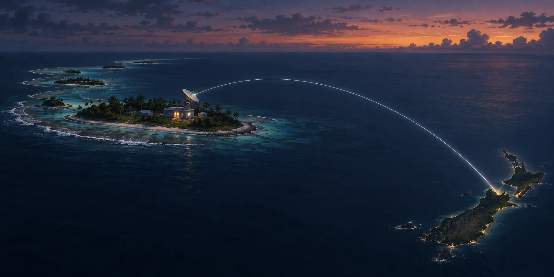 Editorial illustration of a Tuvalu atoll’s satellite dish linked by one luminous route toward New Zealand.