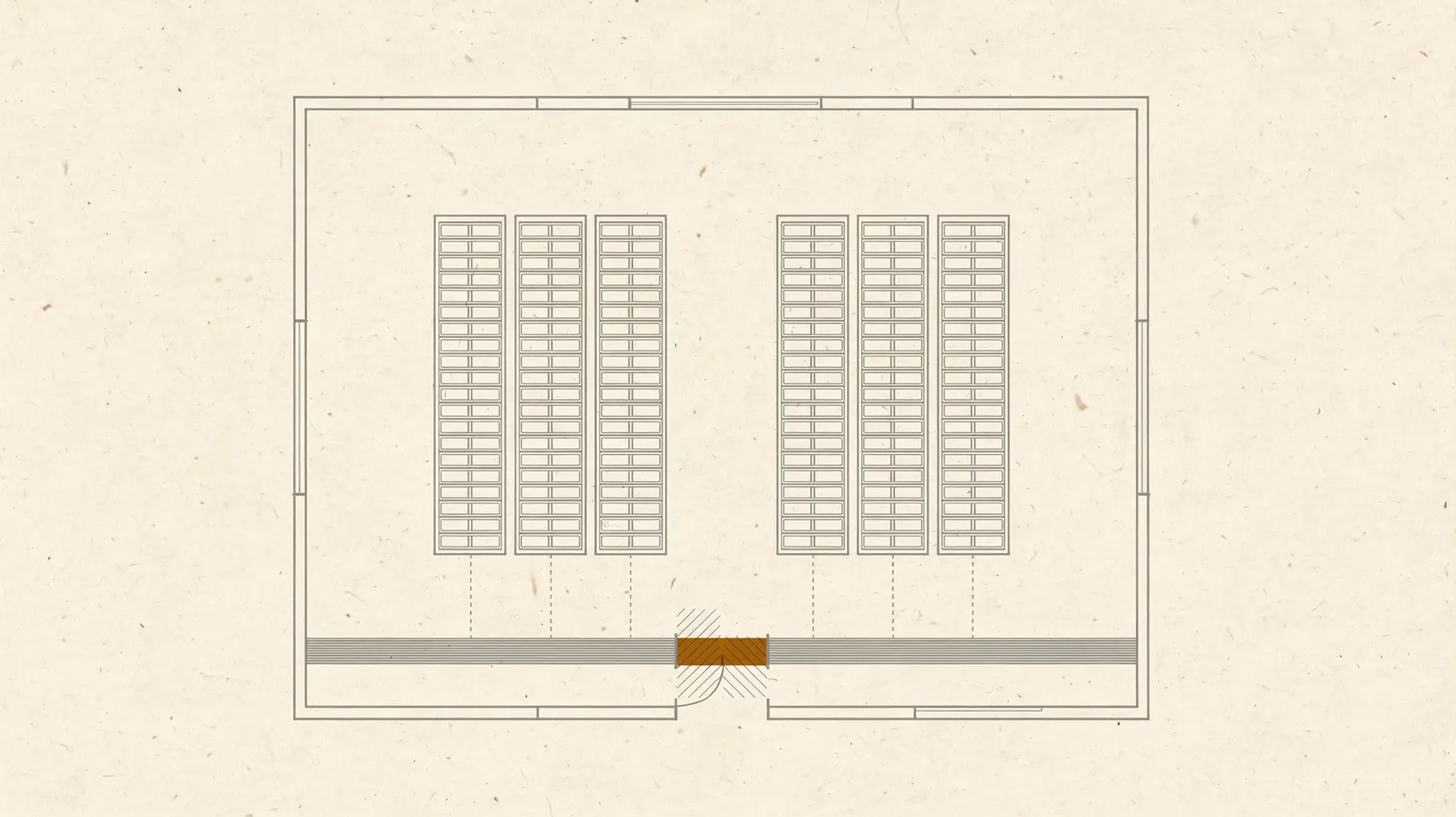 Flat two-dimensional floor plan of a data-centre hall: two identical blocks of server racks side by side inside one outline, and a single supply ribbon along the lower edge that breaks in its middle section.