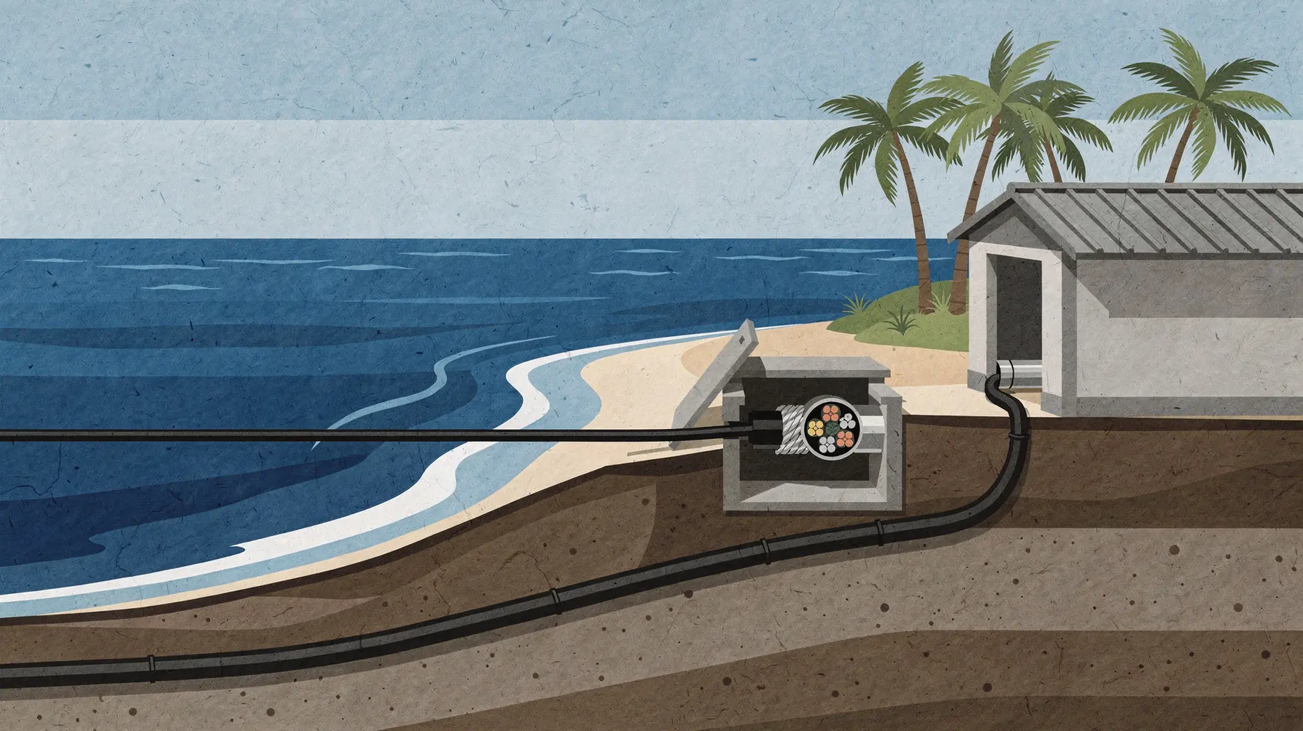 A schematic cutaway cross-section drawing: on the left, layered blue ocean and a sloping seabed carry a black armoured cable up through the surf and wet beach into an open concrete joint chamber, from which a buried duct runs through cut-away ground into a small metal-roofed landing building, with stylized wave shapes above and a few palms behind.