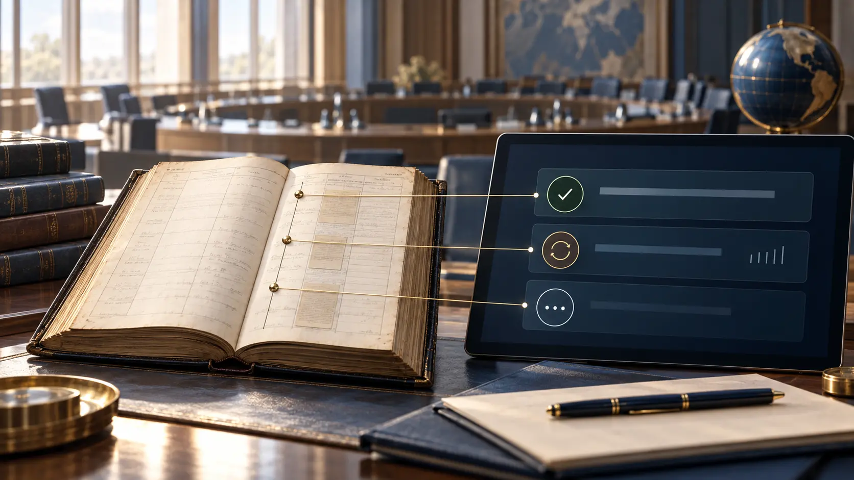 Abstract archival illustration with three separate compartments representing all actions completed, a reporting cycle completed while the obligation continues, and work in progress or pending, linked by a trail of evidence and historical records.