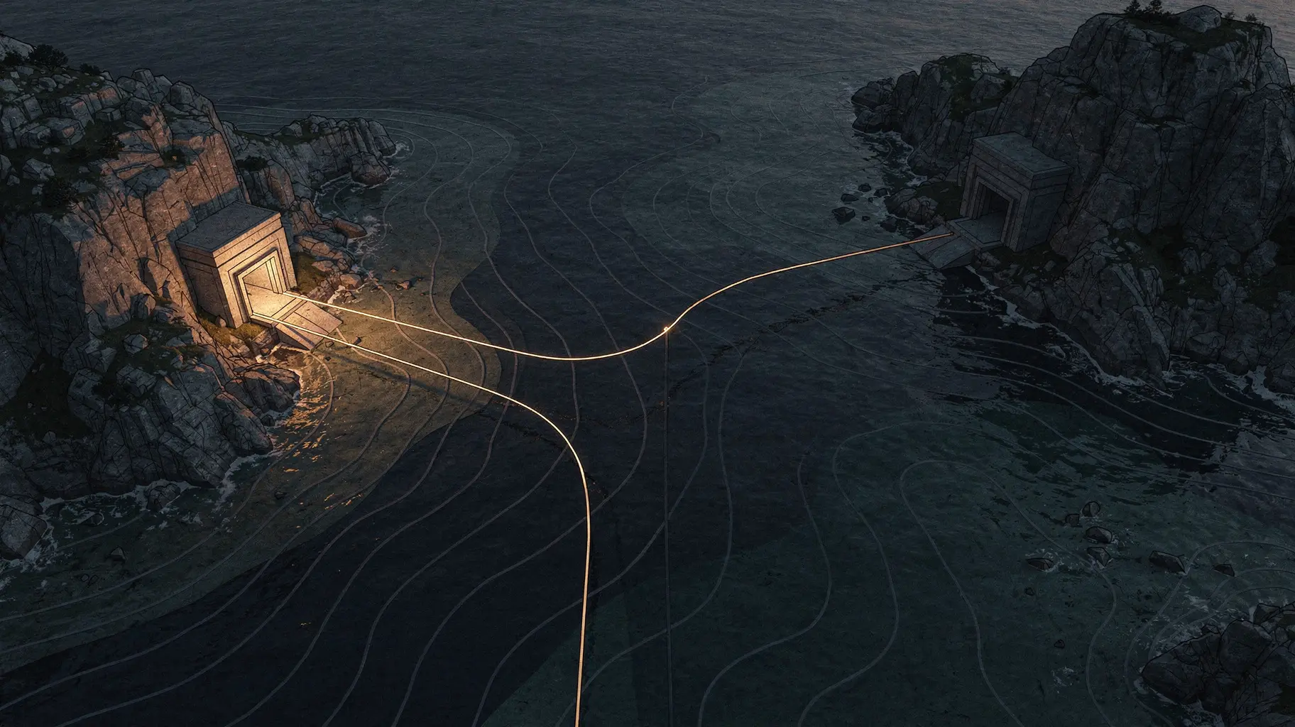 Editorial illustration of two parallel subsea cable paths between two rocky island landing points at dusk; one landing structure is lit and sharply defined, the other sits unlit in shadow above bathymetric survey contours.