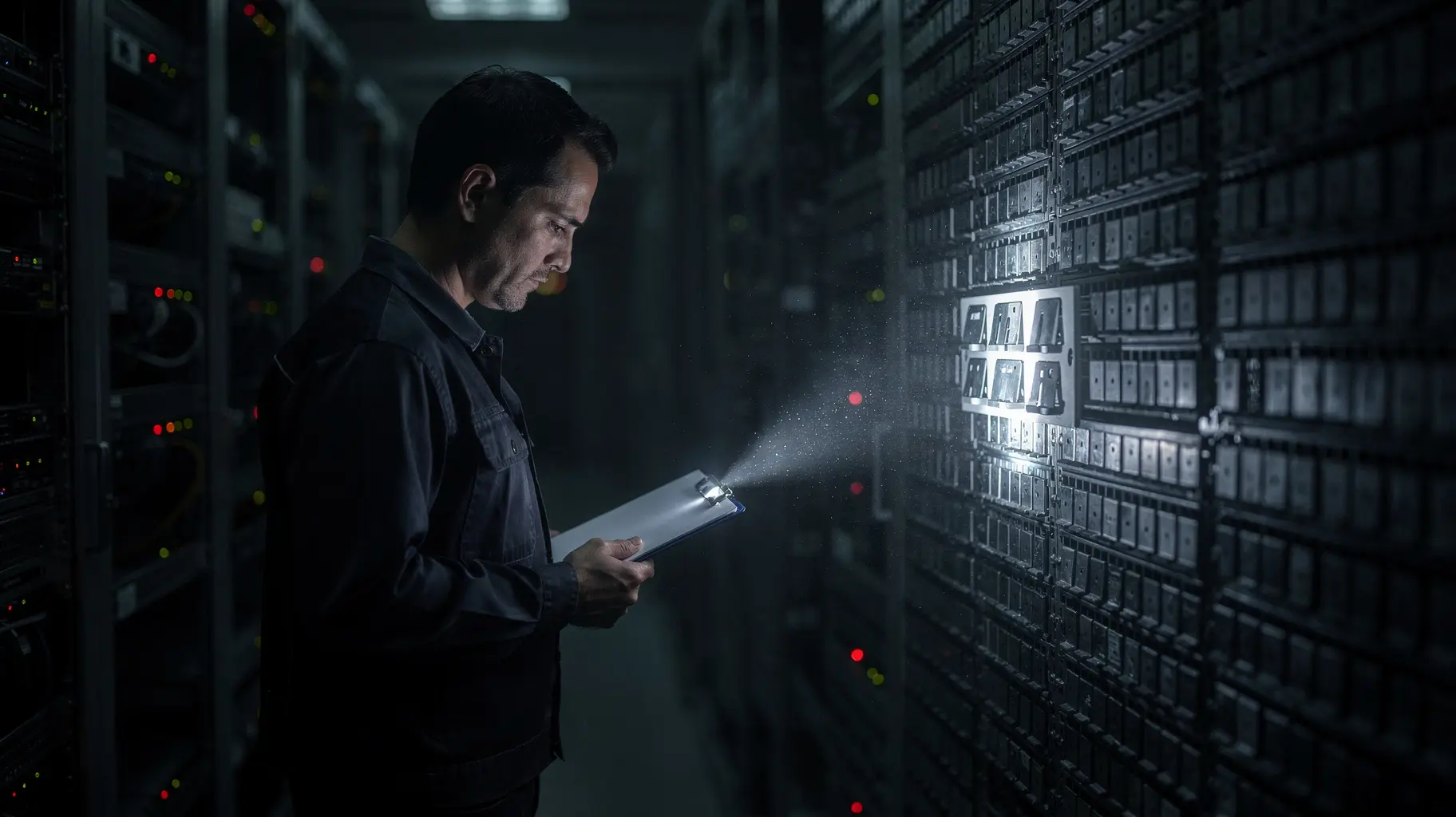 A technician in a dark work jacket stands at a wall grid of identical blank metal inspection tabs in a dim telecommunications service aisle, holding a clipboard; five tabs in the torch beam carry a small punched mark while the rest stay unmarked and unlit.