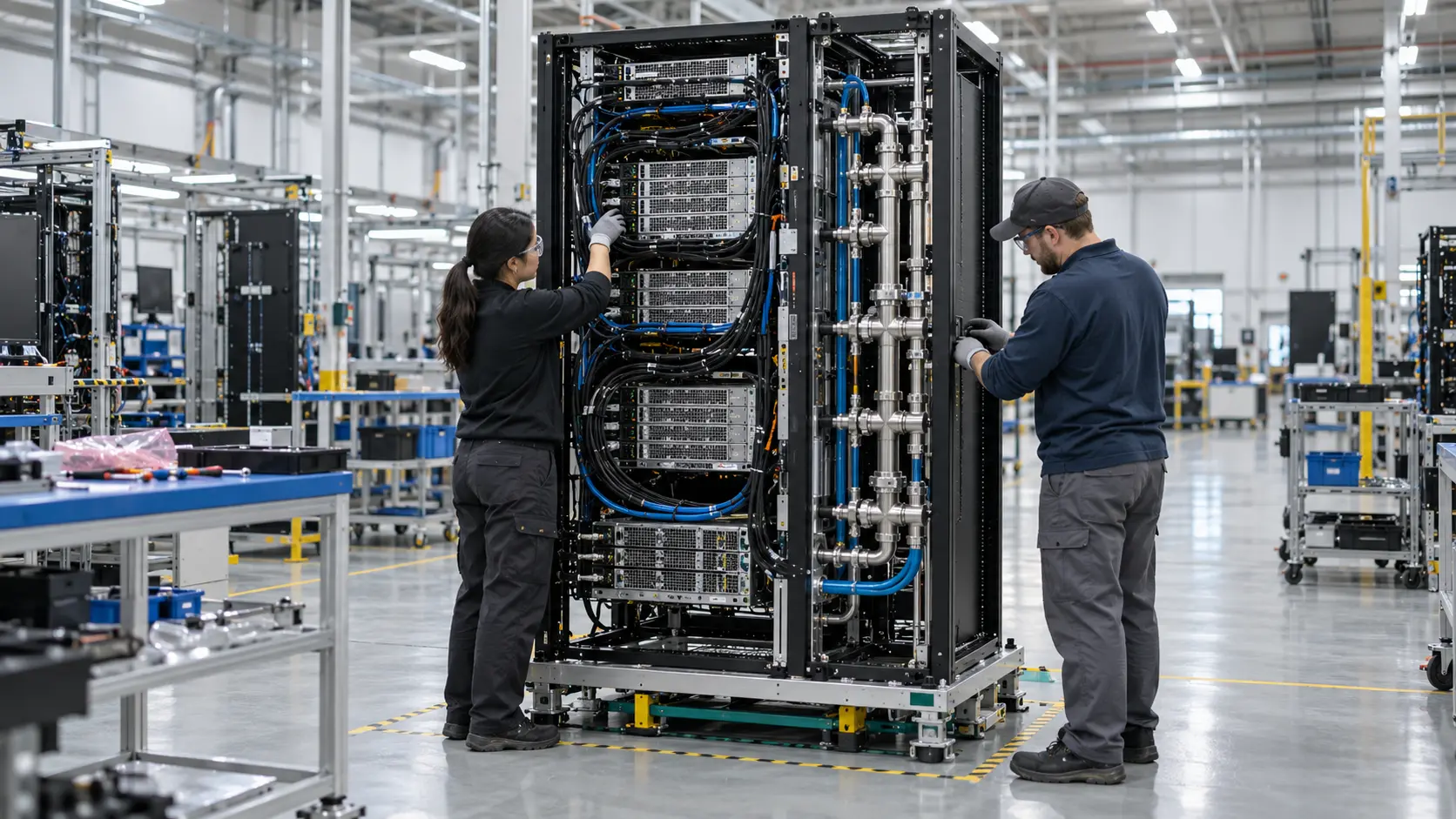 Illustration of technicians inspecting a partly assembled AI server rack in an unbranded manufacturing facility.