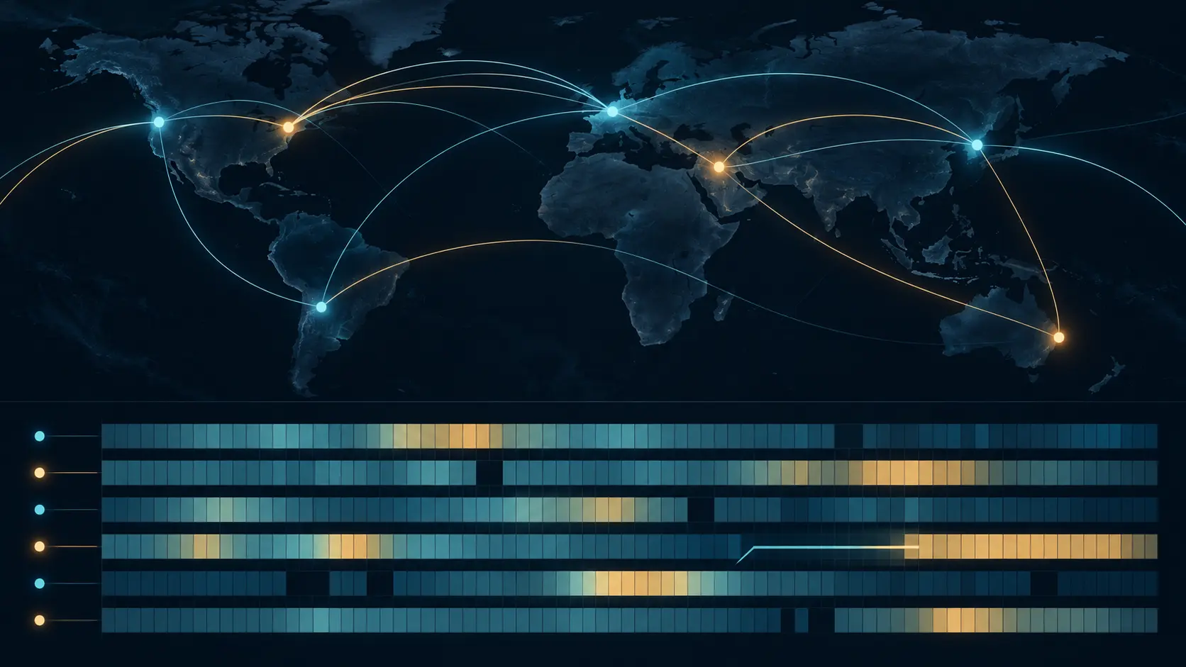 Abstract anchor-to-anchor network corridors above a heatmap of latency changes and missing samples.