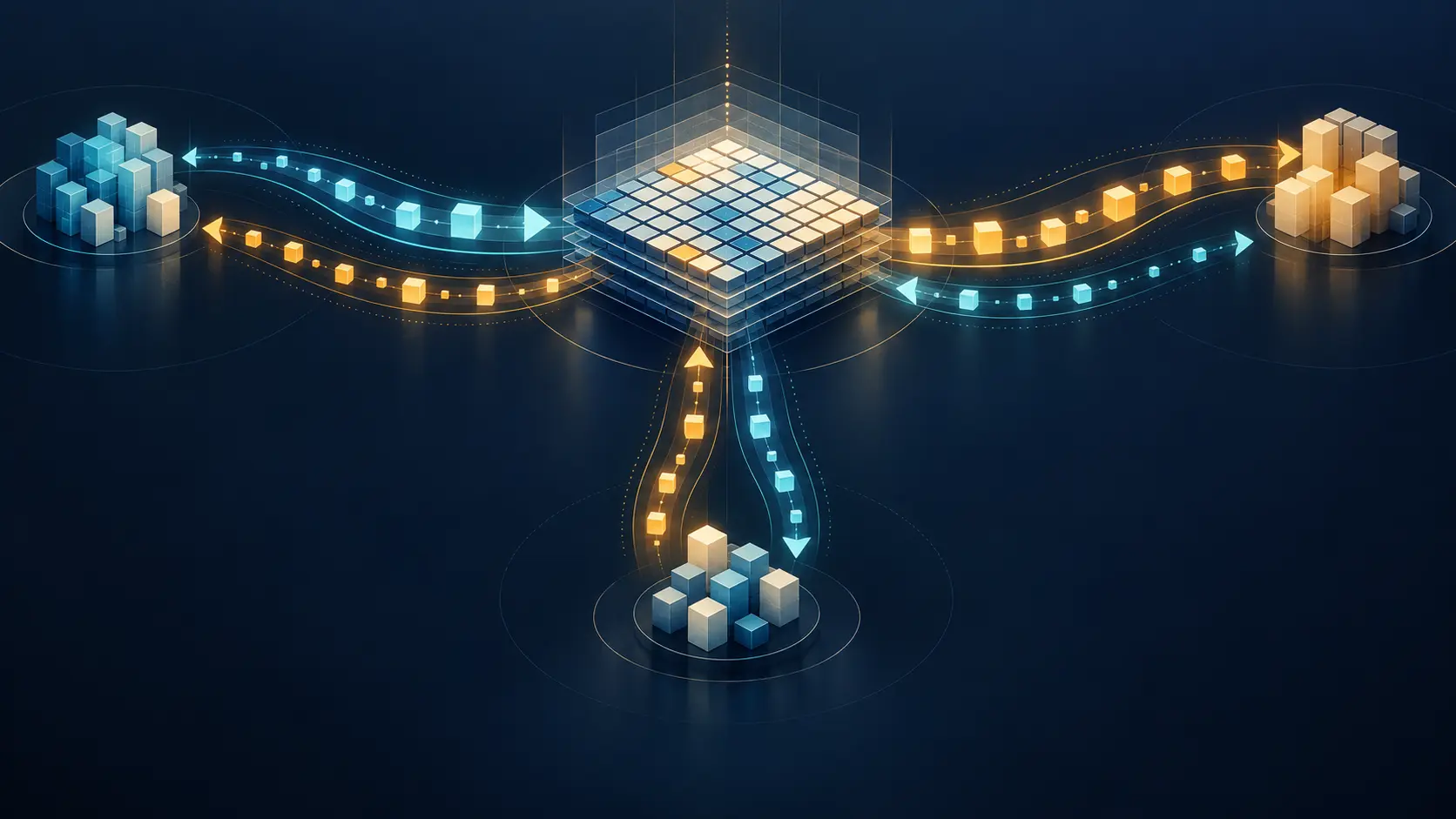A central registry ledger connects to three anonymous registry nodes through paired paths pointing in both directions.