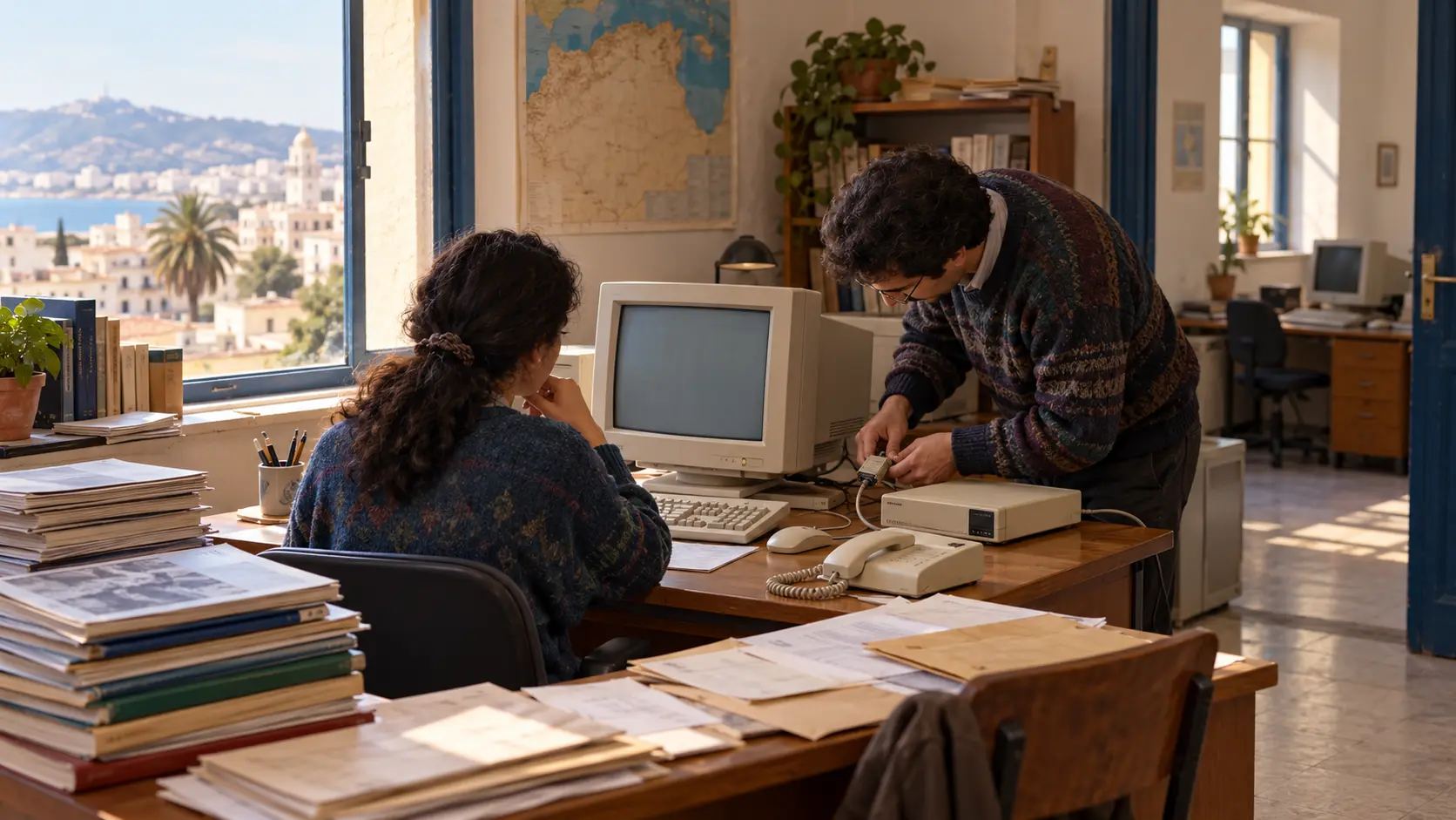 Escritório universitário argelino imaginado nos anos 1990: colegas instalam um modem ao lado de um computador e de um telefone.