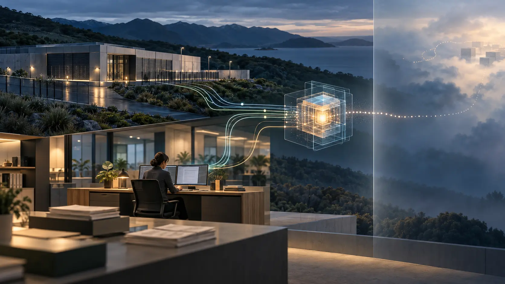 A conceptual data centre and public-service desk connect to an abstract AI processing node; the image does not depict an operating New Zealand system.
