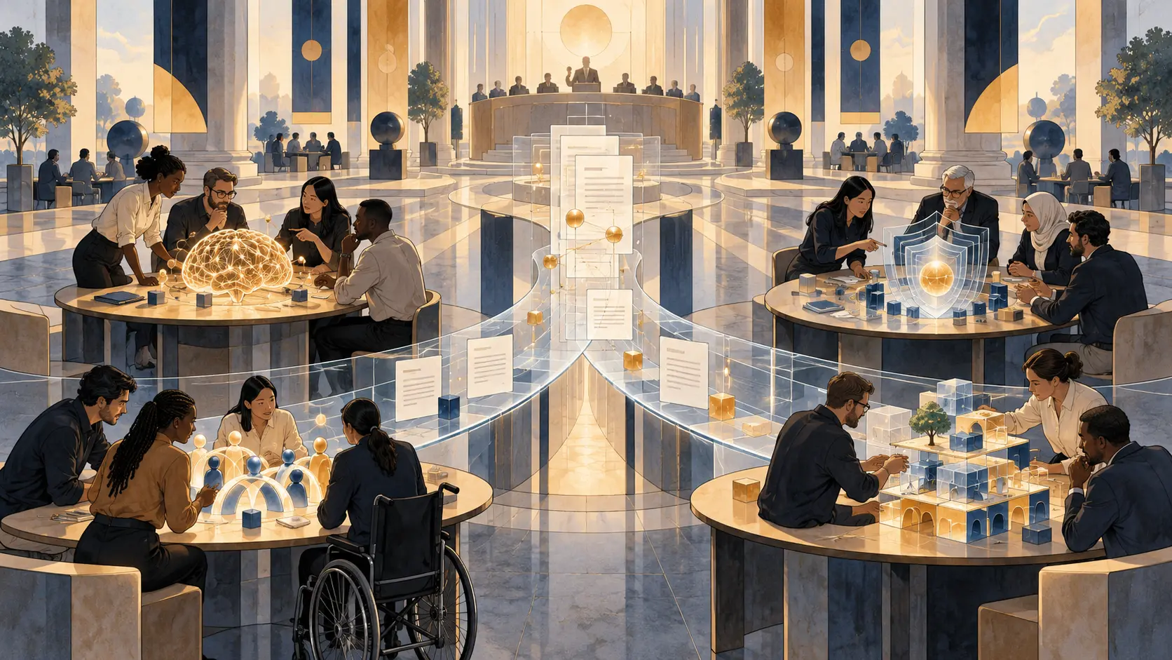 Conceptual illustration of four open policy worktables sending reviewed evidence toward a public report and a separate policy forum.
