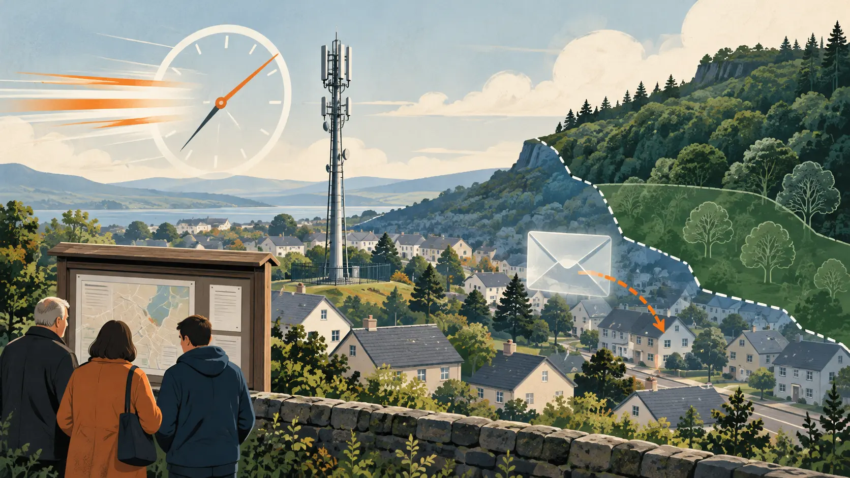 Ilustración conceptual de una antena móvil, un plazo de revisión de 56 días, un límite de zona protegida y vecinos que consultan un aviso.