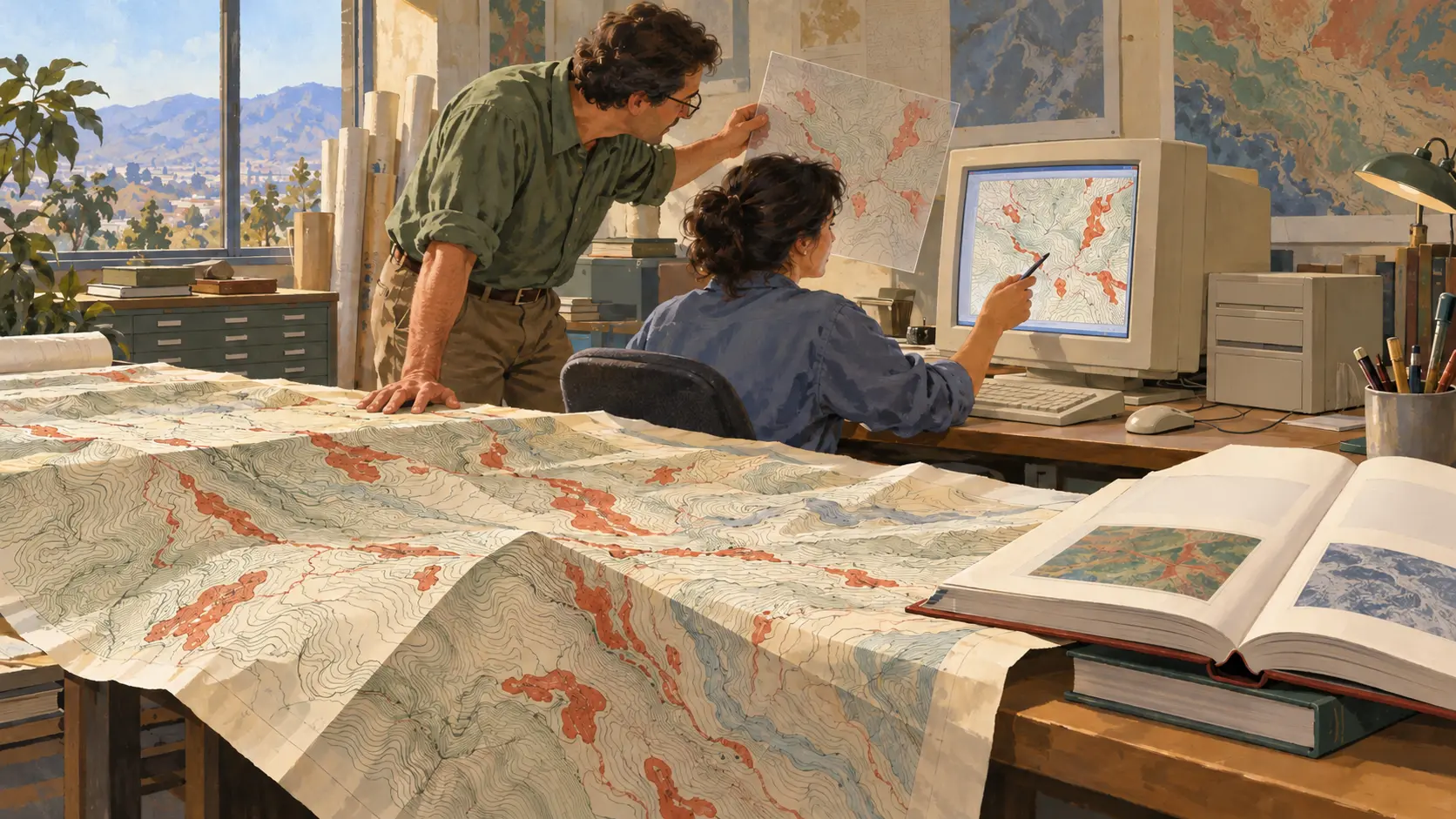 Two fictional researchers compare a large paper terrain map with a map on a beige computer.