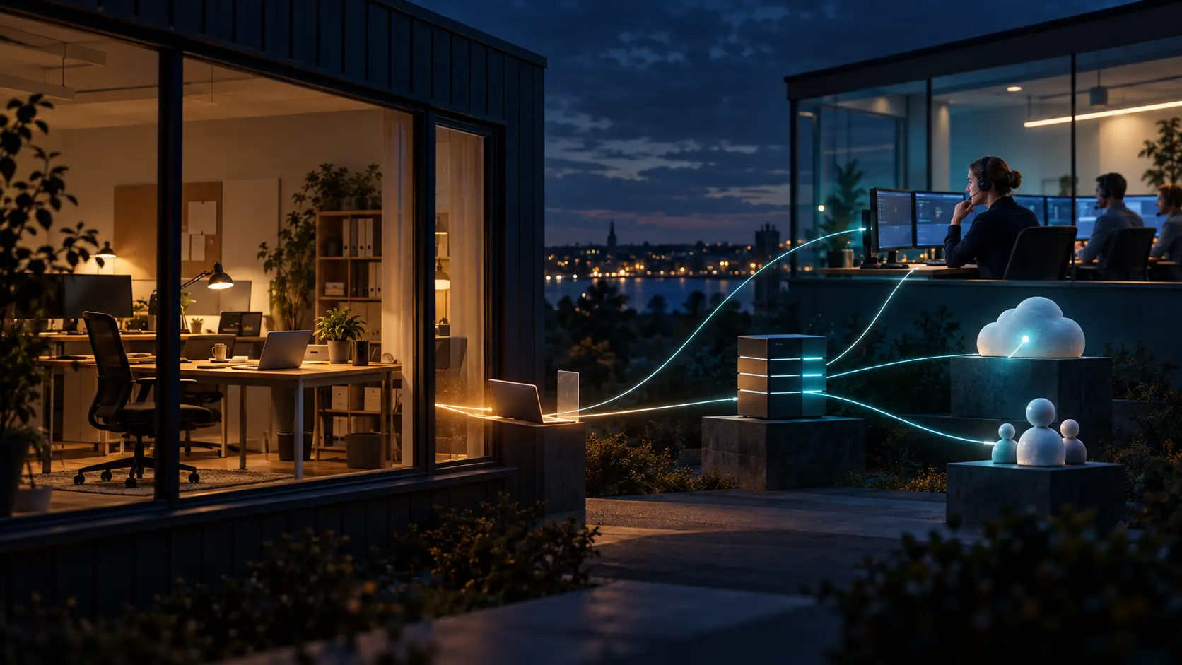 A small business office after hours linked by soft light to a staffed security operations room, with a laptop, server and abstract cloud signals.