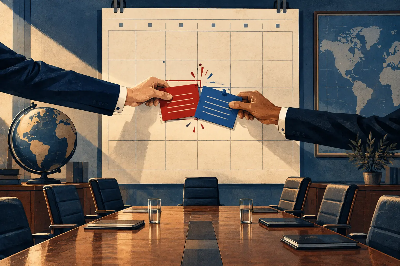 Two anonymous hands place overlapping red and blue meeting cards on a wall calendar above an empty conference table.