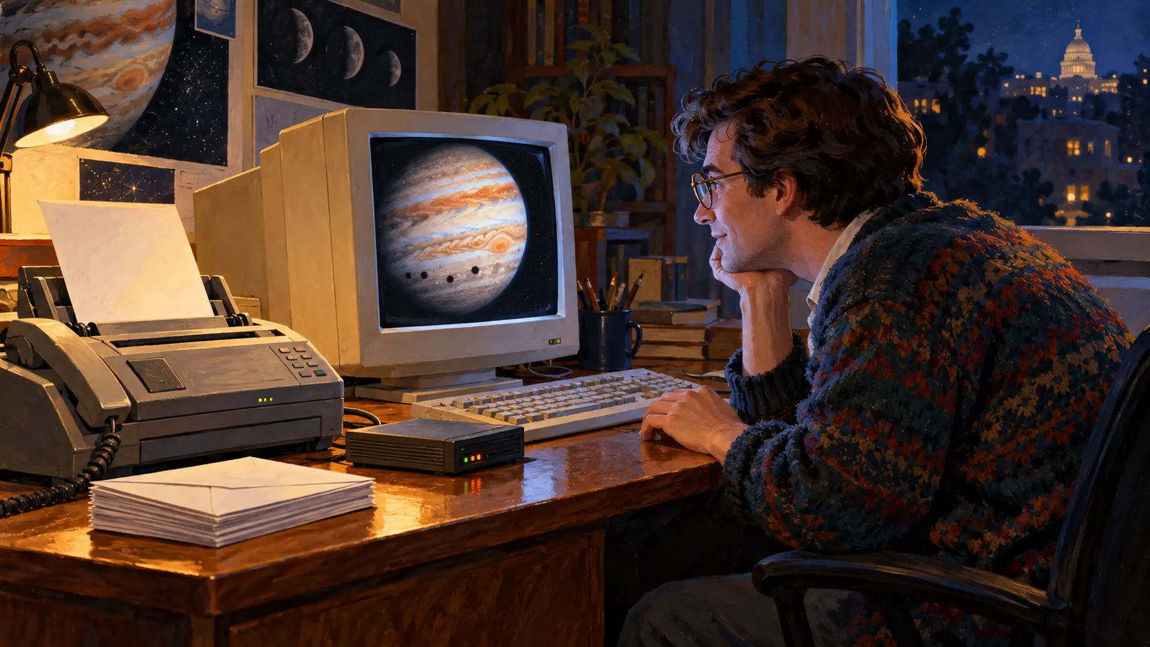An imagined reader studies Jupiter on a beige computer beside a fax machine and blank envelopes.