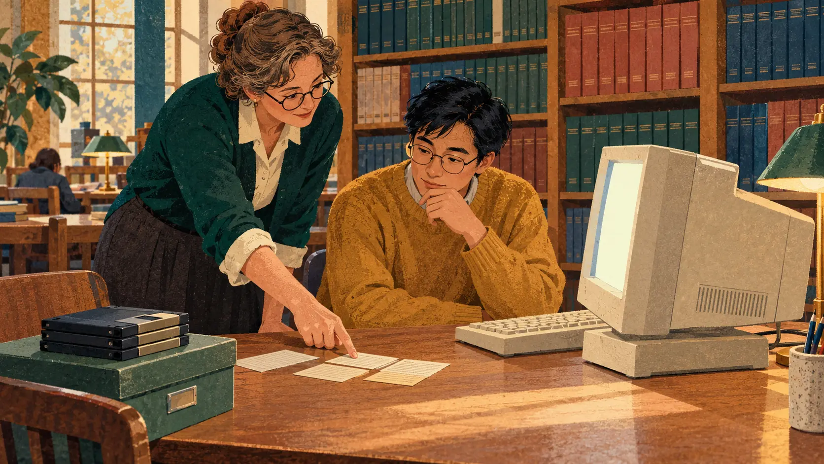 A fictional librarian points to index cards beside a reader at a beige computer, with old disks stacked nearby.