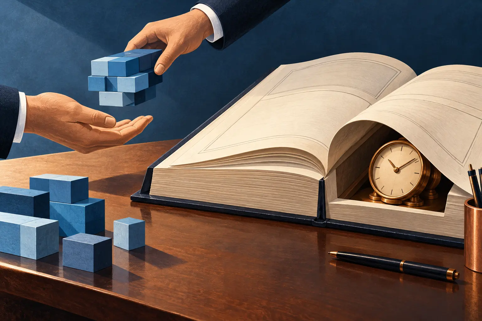 Hands pass abstract address blocks beside an open blank policy manual; a brass clock is tucked under its far page.