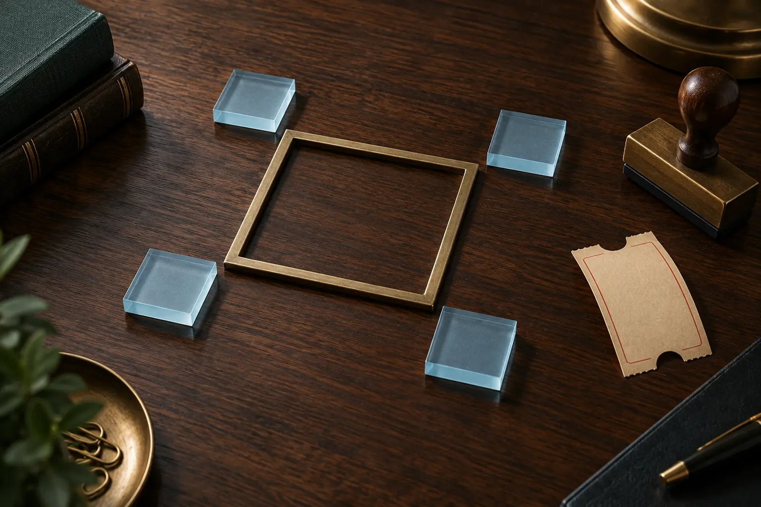 Four blue address tiles sit apart around an empty square frame on a desk, beside a blank queue ticket.