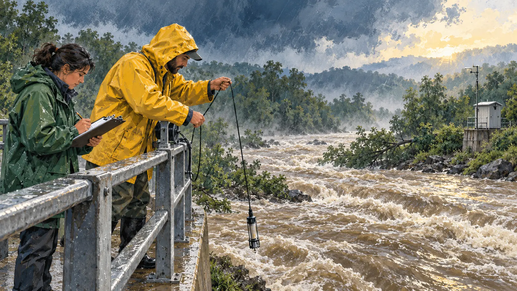 Two fictional field workers in raincoats measure a swollen river from a bridge, with an instrument hut across the water.