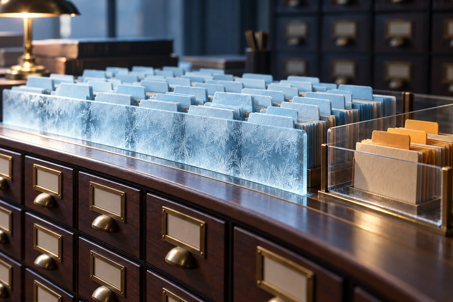 Frosted blue file tabs sit in a registry drawer beside a separate amber waiting tray.