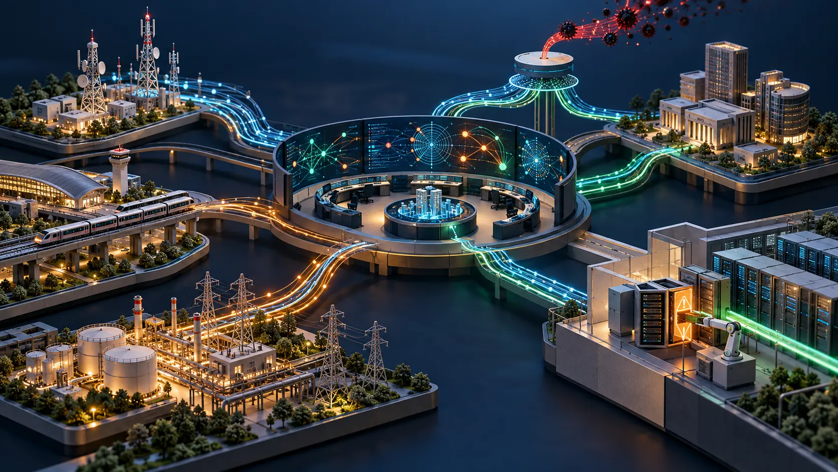 A national cyber coordination hub links telecom, industrial, public-service and data-centre networks as a threat signal reaches an exposed server zone.