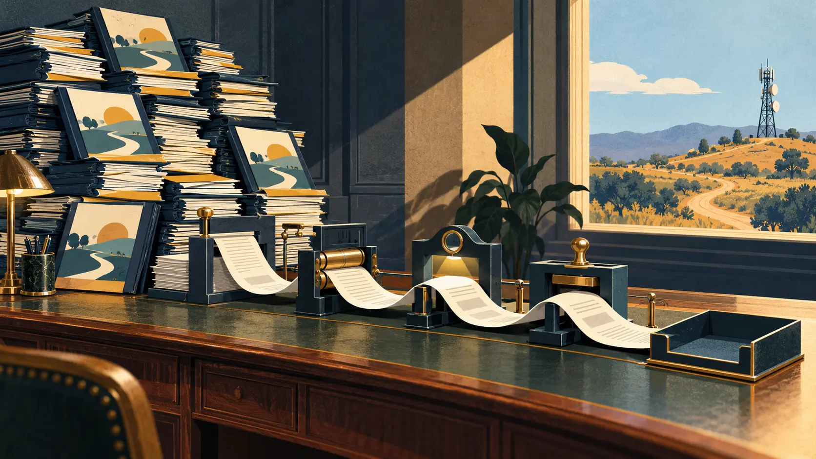 Editorial metaphor for the UNGIS digital-finance task force: project folders lead toward a rural communications tower, while an empty tray marks the missing delivery evidence.