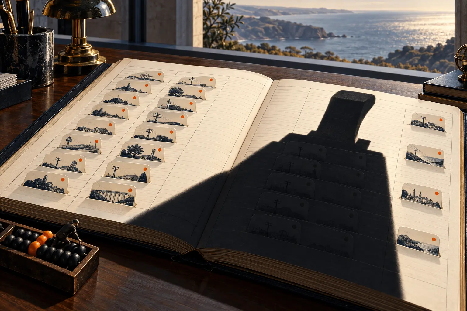 Editorial illustration of an incident ledger with a national blackout shadow covering the affected-access column.