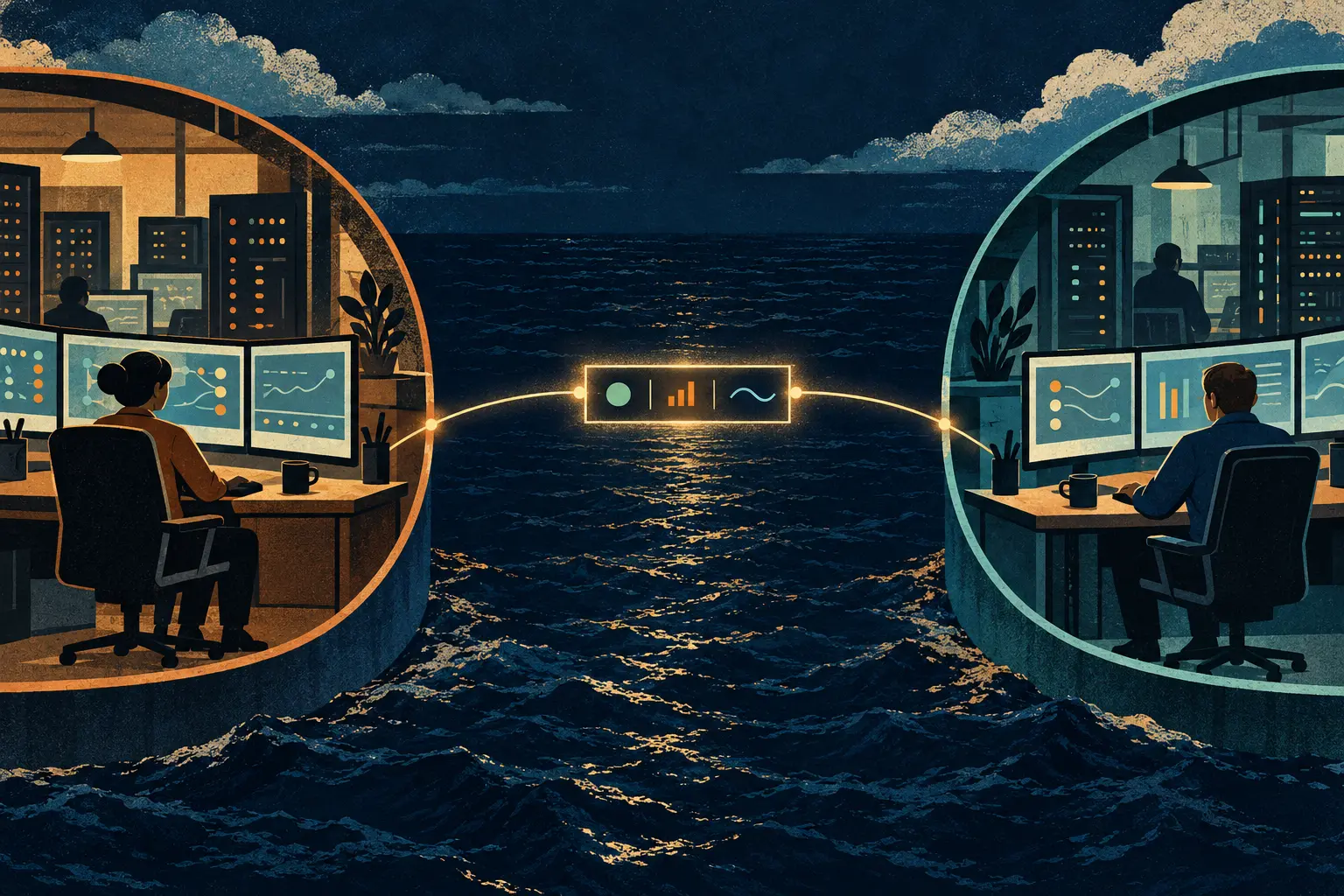 Two network operators exchange three diagnostic signals through a narrow glowing window across a dark Atlantic, each on its own side of the boundary.