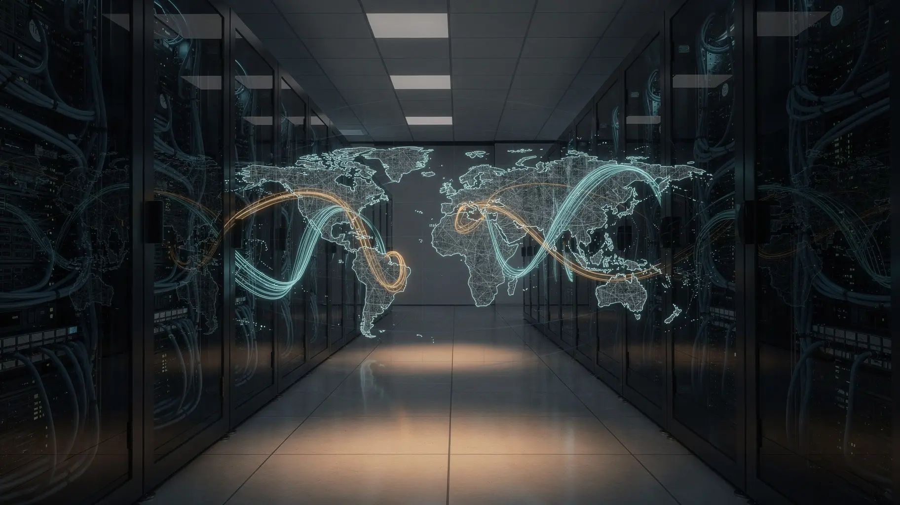 A dimly lit data-centre aisle recedes between two rows of dark glass-fronted server racks, a translucent world-map graticule glowing across the middle of the frame, teal and amber light trails sweeping over it, cool steel-blue cable runs and a low warm pool of light on the polished floor.