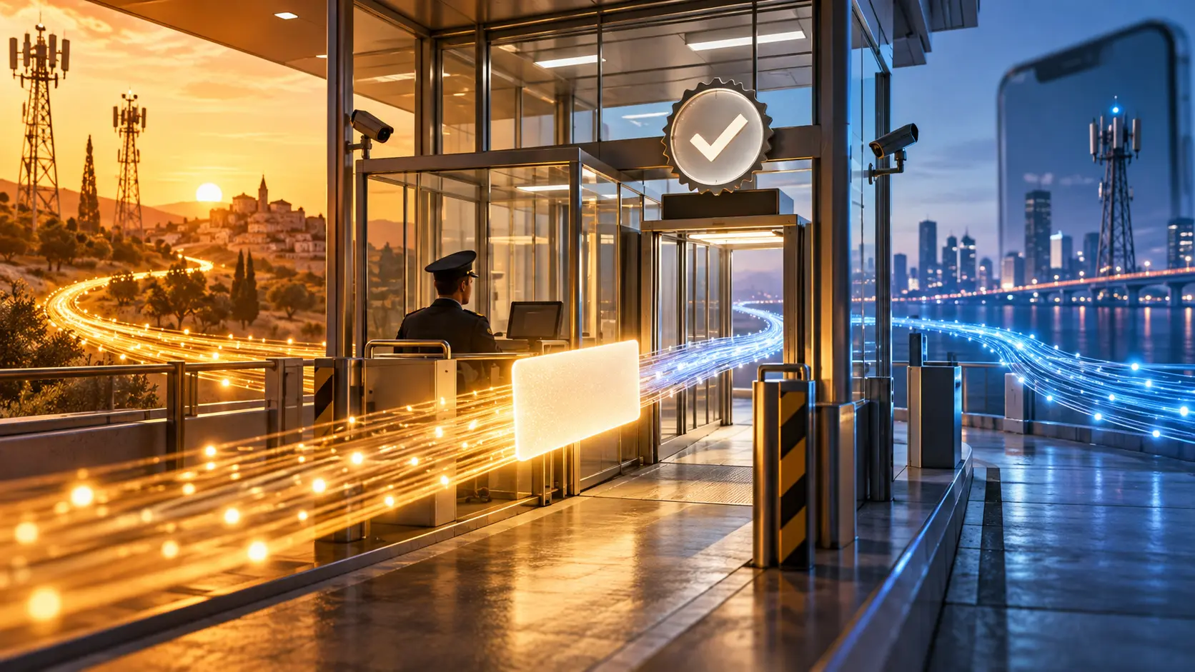 A blank SMS card follows a glowing fiber route through a glass verification checkpoint.