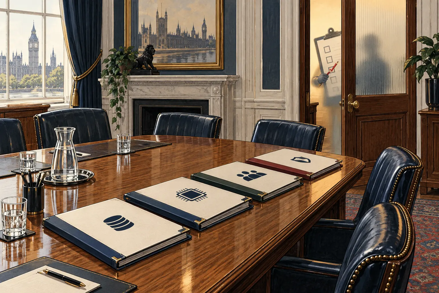 A Whitehall committee room with folders for data, technology and services, while a scorecard marks its own box behind a frosted door.