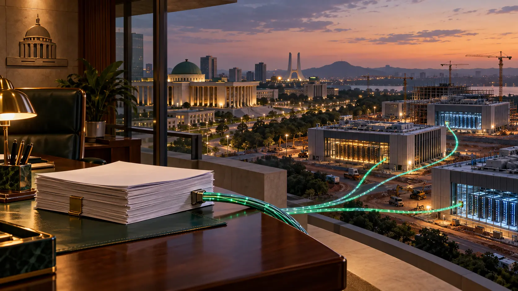 Des dossiers d’achat public sans inscription relient, par des fibres lumineuses, plusieurs centres de données en construction au crépuscule.