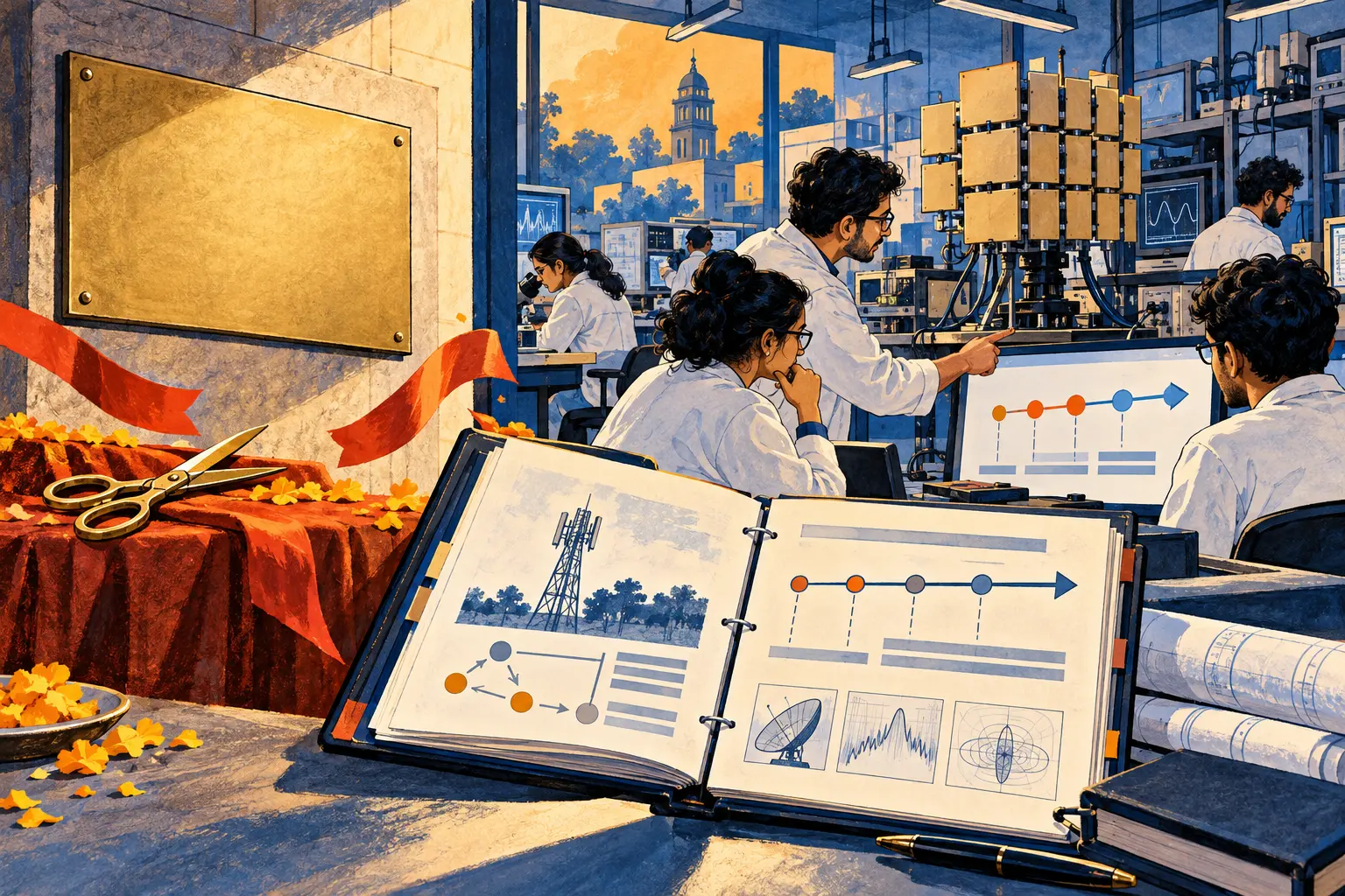 شريط مقطوع ولوحة بلا كتابة إلى جانب باحثين يضعون جدول المشروع الأول في مختبر للاتصالات.