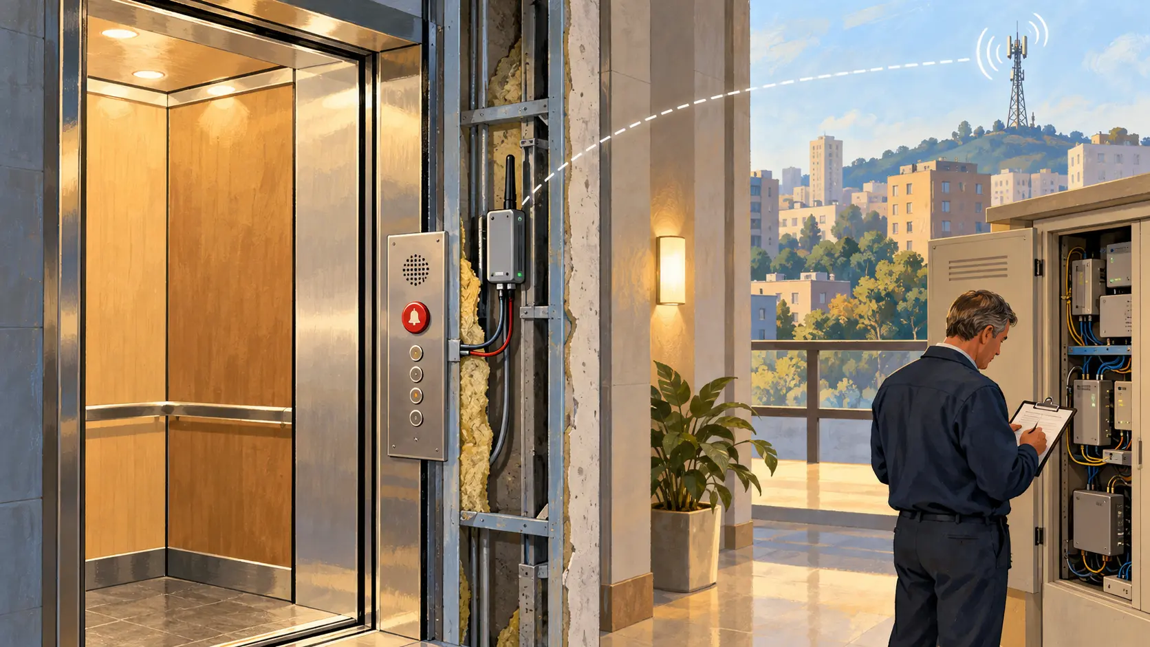 エレベーターの警報機と壁内の2Gモジュールが遠くの基地局につながり、管理者が設備盤を確認している。
