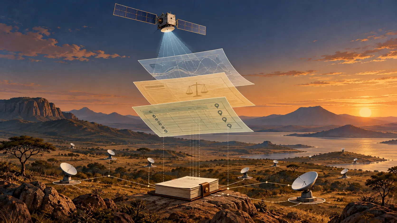 A conceptual satellite above layered permit sheets and linked ground terminals in an East African landscape