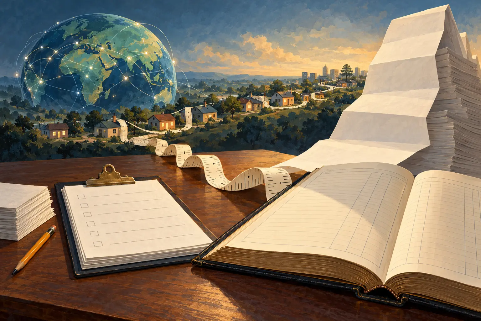 A paper measuring tape links a globe and homes to a survey ledger beside an oversized blank invoice.