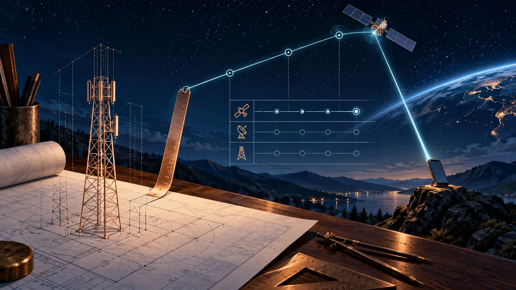 Conceptual illustration of an unfinished tower blueprint and a phone uplink to a satellite, with a measuring grid.