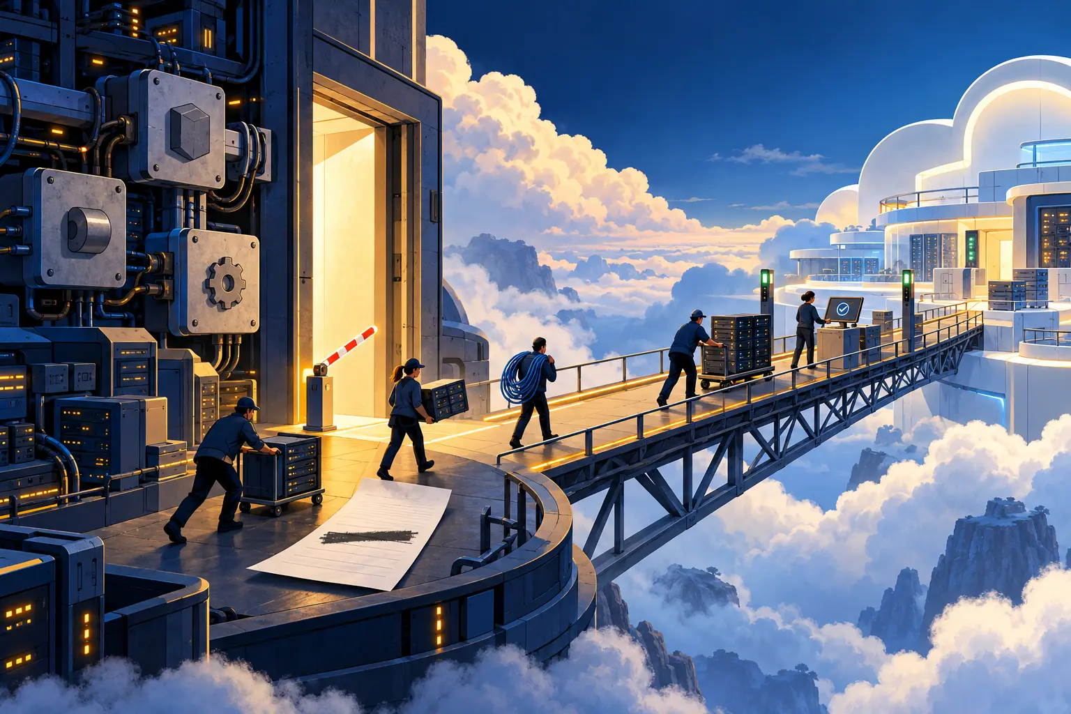 Engineers carry data crates and server modules across a bridge from one cloud environment to another; an unused toll barrier and a crossed-out invoice line sit by the doorway.