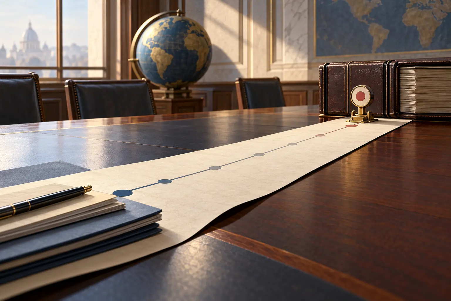 A paper timeline runs toward a review trigger beside a budget ledger, with a globe behind the table.