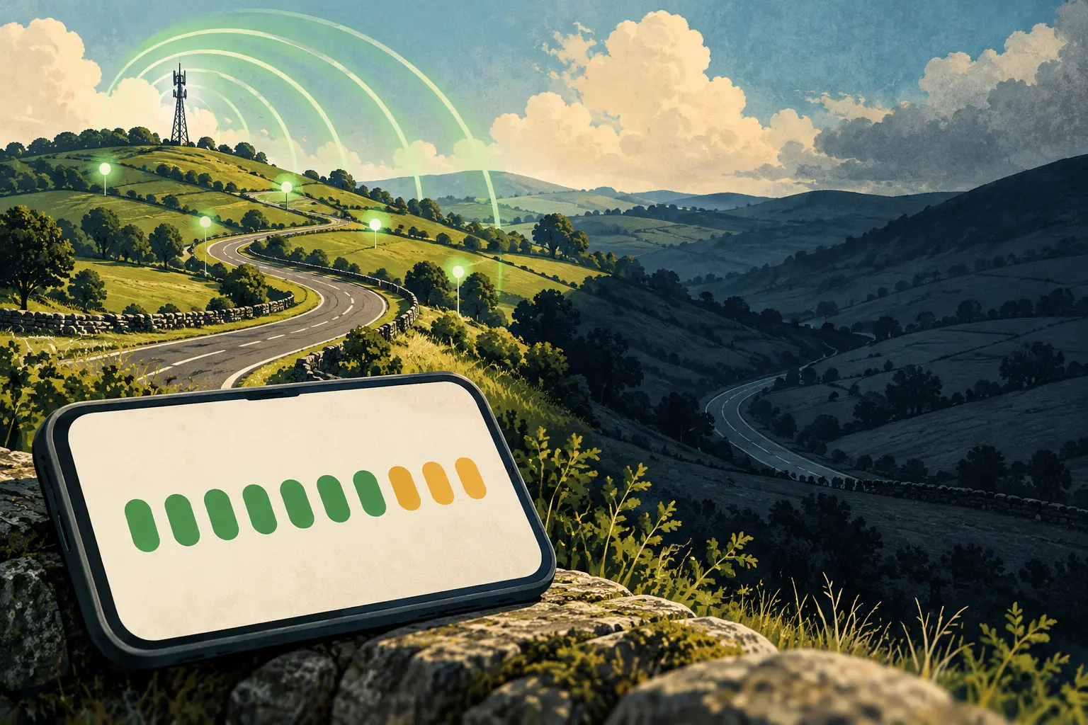 Conceptual illustration: a mobile quality card beside a connected hillside and a dark valley with no measurement markers.