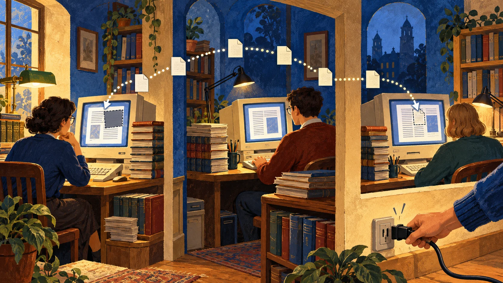 Old computers in three imagined library rooms exchange page-shaped files; a hand reconnects a power plug in the foreground.