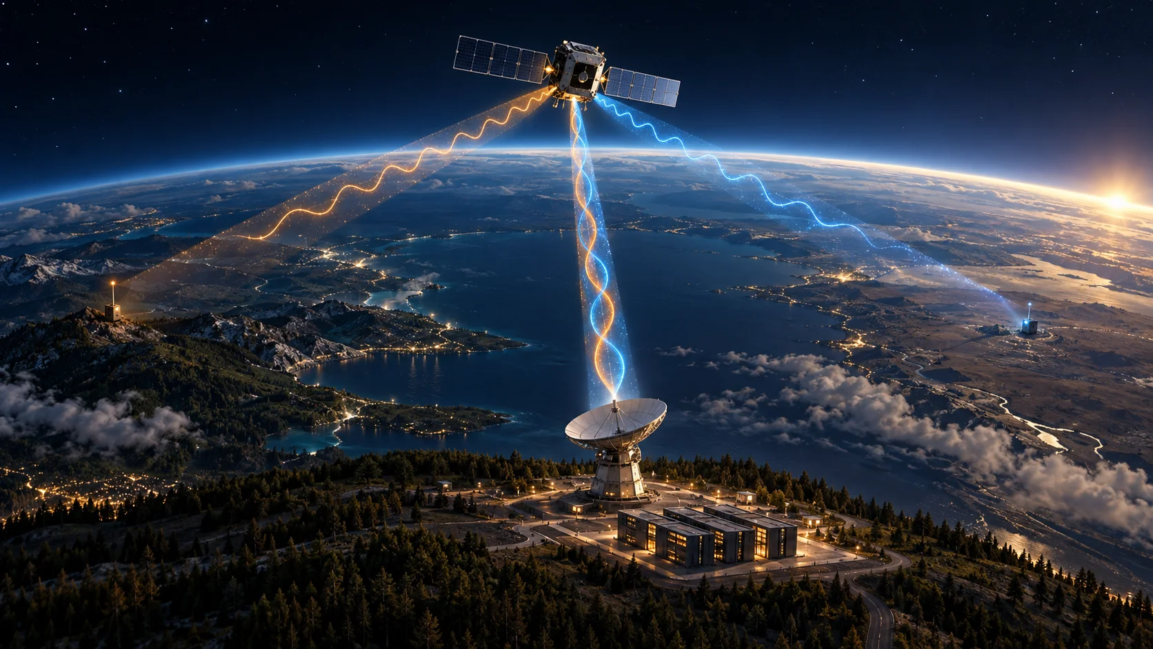 A small orbital satellite relays two sensor signals to a ground receiver station.