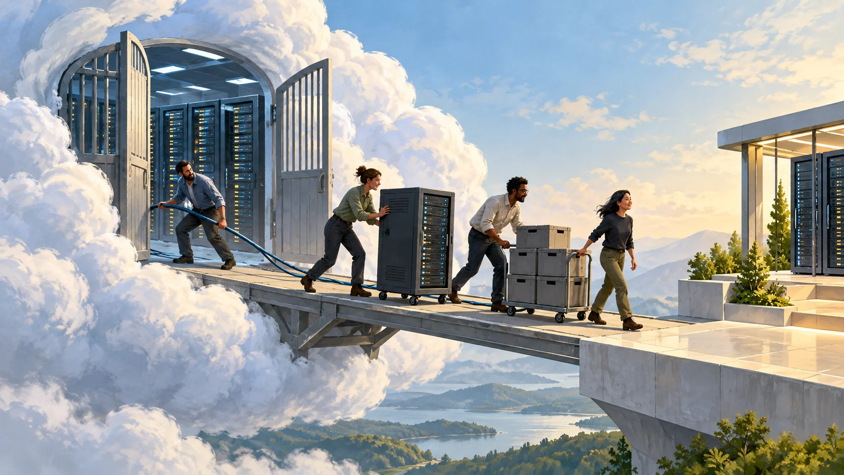 An operations team moves data equipment through an open gate from one cloud data centre to an independent platform.