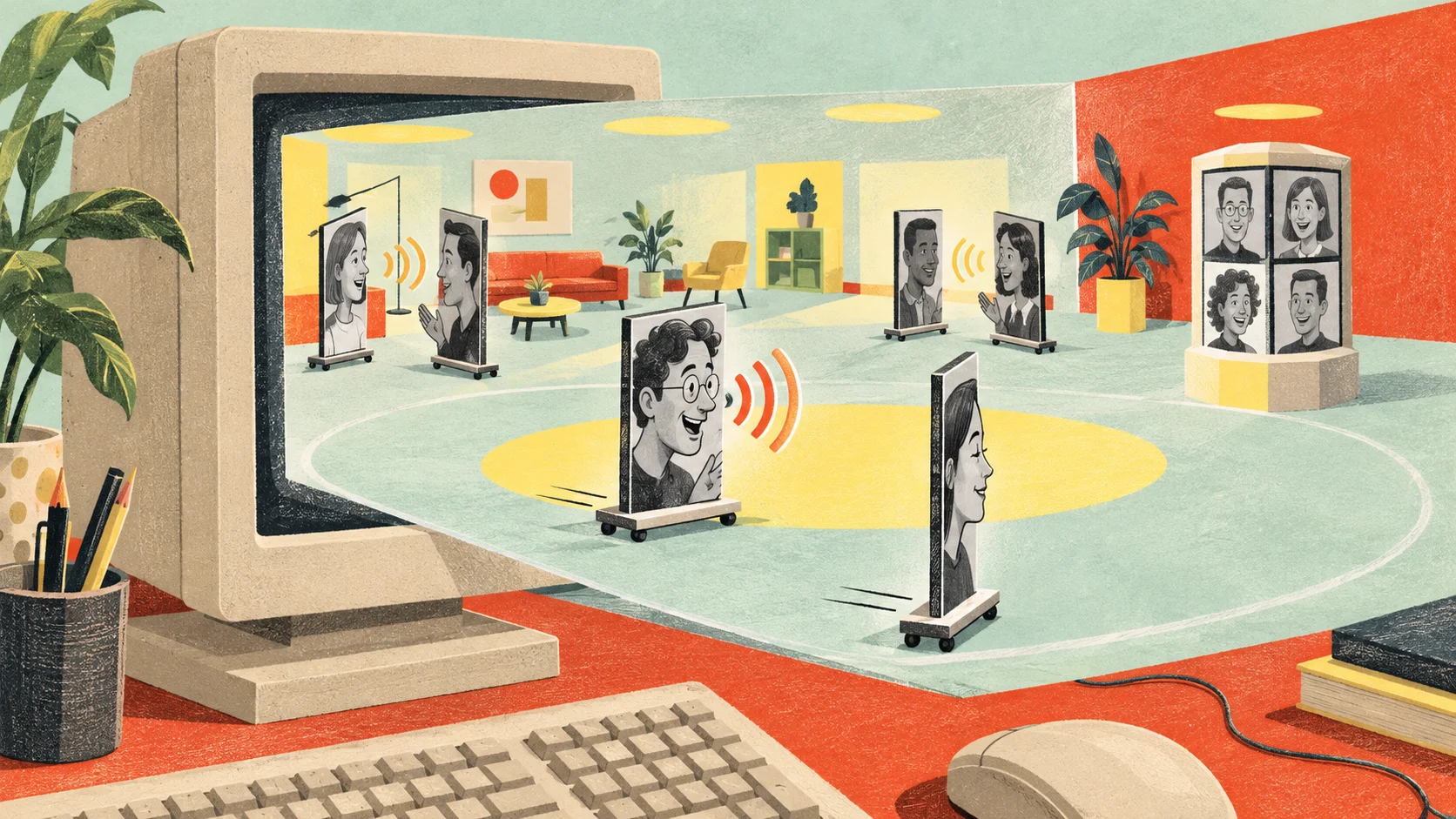 Fictional grayscale faces ride thin panels through a miniature room emerging from a beige monitor; one panel moves away as another follows, beside sound arcs and a column of callers.