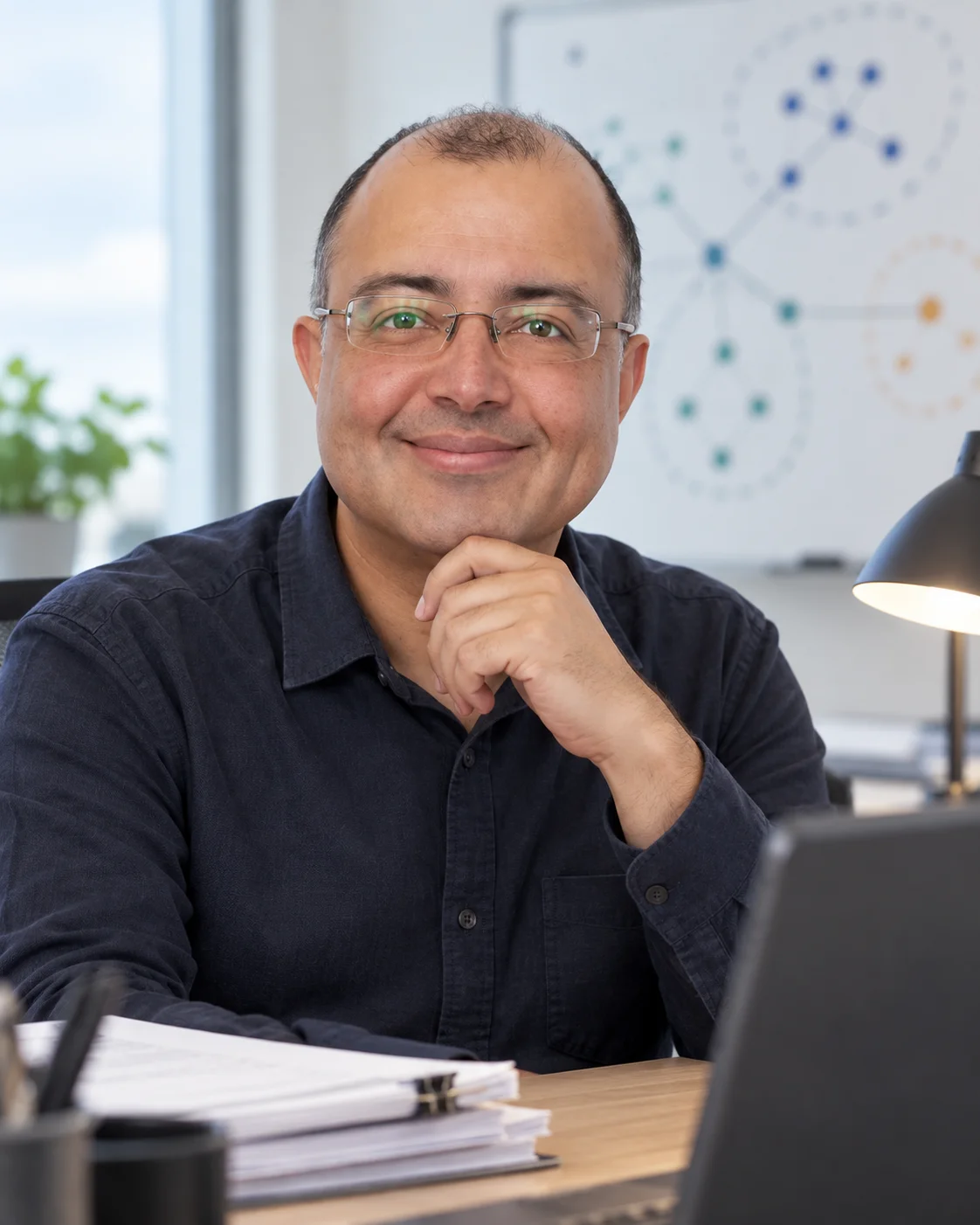 Editorial portrait of Anand Buddhdev in a bright DNS engineering workspace.
