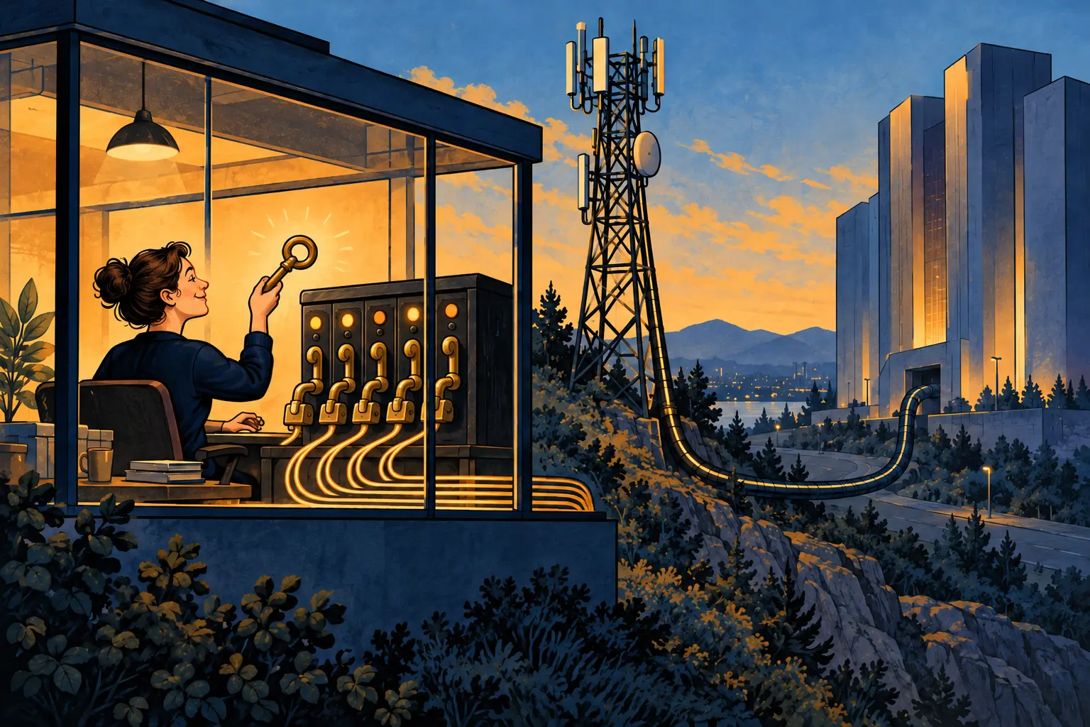 An MVNO operator holds a key beside its mobile-core switch while a radio tower remains connected to a separate carrier building.
