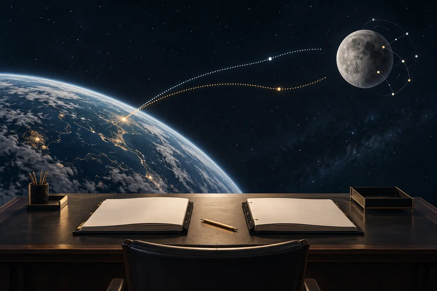 Earth, two dotted routes stopping before the Moon, and two blank ledgers on a registry desk.